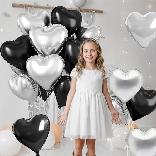 Image of Black Silver Heart Balloons, 10 Pcs 18 Inch Metallic Silver Black Heart Shaped Balloon Foil Balloons Helium for Boys Men Brithday Bridal Baby Shower Valentines Day Halloween Party Decorations
