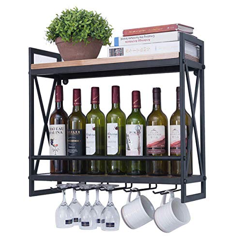 Small and Beauty Wine Glass Rack Wall Mounted ,23.6in Industrial Wall Wine Racks for Wine Bottles,2-Tier Wood Shelf Wine Holder,Hanging Wine Racks with 5 Stem Glass Holder,Mugs Racks(Black Metal)