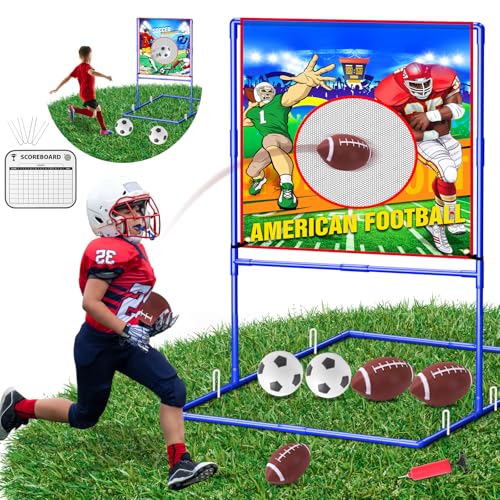 VATOS 2 in 1 Football Toss Target Games and Soccer Toy for Kids, Throwing Target Double-Sided Goal with 2 Inflatable Footballs & 2 Soccer Balls, Indoor Outdoor Back to School Activity Toy Gift