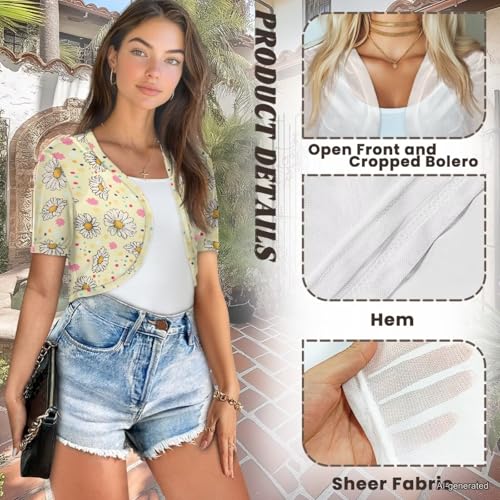 Image of Womens Short Sleeve Cardigans Lightweight Summer Cardigan Trendy Bolero Shrug Cute Floral Cardigan Sheer Bolero