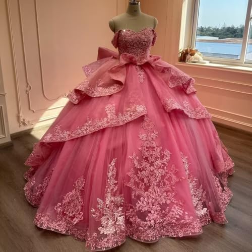 Mouccy Lace Quinceanera Dresses Ball Gown Puffy Beaded Sweet 16 Dresses with Ruffles Off Shoulder Pageant Dresses with Bow3