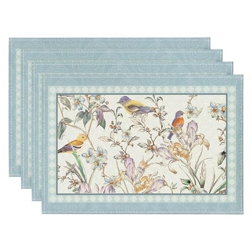 8pcs Set Blue Birds & Floral Blossom Placemats...