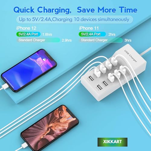 Image of USB Charger Hub, 10 Port Charging Station with Turbo Charging Auto Detect Technology Safety Guaranteed 10-Port USB Ports for Multiple Devices Smart Phone Tablet Smart Watch
