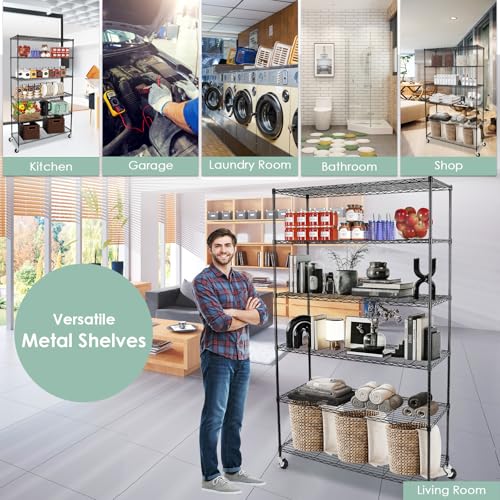 Image of WDT 6 Tier Shelf Shelving Unit with Wheels,Adjustable Metal Shelves for Storage, NSF Black Wire Shelving Rack, 2100Lbs Capacity Heavy Duty Shelving Storage Shelves for Kitchen Garage,47 inch Dx17 Wx80 H