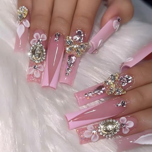 Purple Flower Press on Nails 24Pcs Almond/Coffin Wearable Fake Nails Flower Printed Woman DIY Manicure Acrylic False Nails Tips