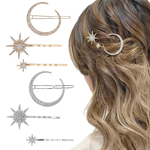 Rustamm 6 Pcs Vintage Star Moon Hair Clips Pin Metal Alloy Rhinestone Hair Clips Snowflake Star Bobby Pins Decorate Accessories For Girls Women cover