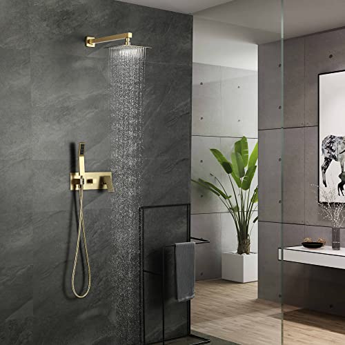 Sistema de ducha de lluvia SUMERAIN en acabado dorado cepillado con ducha de mano y válvula mezcladora equilibrada por presión | Válvula mezcladora antiscald para ducha, cabeza de ducha de lluvia de 8 pulgadas, válvula de empotrar de latón miniatura 3