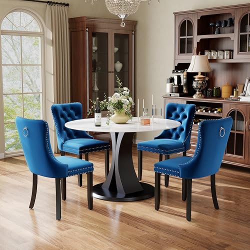 Image of 5-Piece Dining Table Set with 39In Faux Marble Table and 4 Velvet Upholstered Chairs, Modern Scandinavian Furniture for Dining Room Kitchen(Blue)