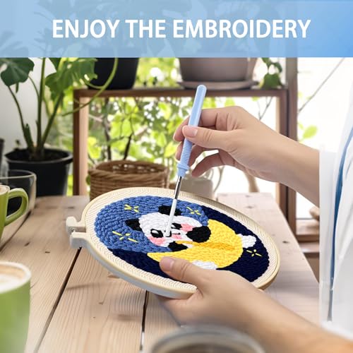 Image of Danvk Panda Punch Embroidery Kit with Embroidery Fabric, Hoop,Scissor,Punch Needle and Yarns, Hand Craft Gift,DIY Embroidery Kits, Hand Punch Needle Kit for Women and Beginners(Panda-Hanging)