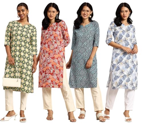 Image of JAKHANA Women's Crepe Printed Casual Straight Calf Length Round Nick Kurta Pack of 4