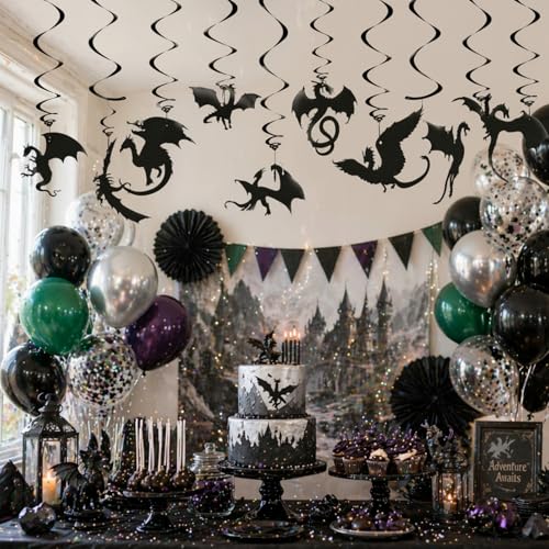 Image of Sumind 30 Pcs Dragon Hanging Swirls Party Decorations, Black Dragon Ceiling Hanging Decor for Medieval Fantasy Themed Birthday Party Supplies, 10 Designs