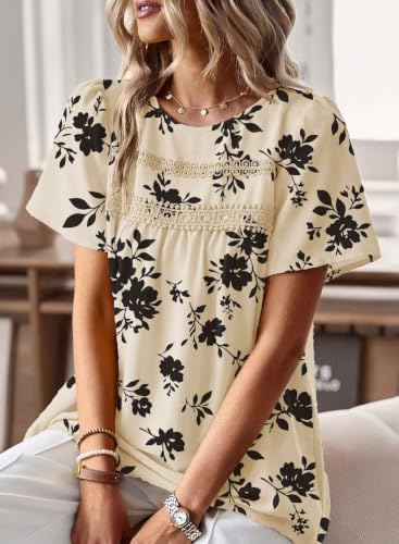 Image of Falechay Womens Summer Tops Flowy Boho Shirts Dressy Casual Short Sleeve | Crewneck Loose Fit Blouses, Hide Belly Fat, Lace Hem Ladies Tunic, Babydoll Crochet Clothes, Swiss Dot, Work, Vintage, XS-6XL