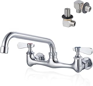 8 Inch Center Wall Mount Commercial Sink Faucet - 8" Swivel Spout Utility Faucet, Dual Handle Chrome Brass for Restaurant/Laundry/Utility Room Kitchen Sinks