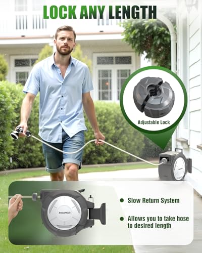 Breeze Touch Retractable Garden Hose Reel 1/2" x 100ft, Wall Mounted Water Hose Reel for Outside with 10-Pattern Nozzle, Hose Reel Wall Mount with Any Length Lock, Slow Return, For Yard Lawn - Image 4