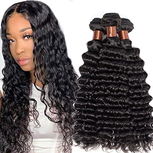 Angie Queen Hair Deep Wave 3 Bundles Brazilian Virgin Hair Deep Wave Human Hair Extensions Unprocessed Human Hair Weaves Natural Black Color Can Be Dyed and Bleached (24 24 26)