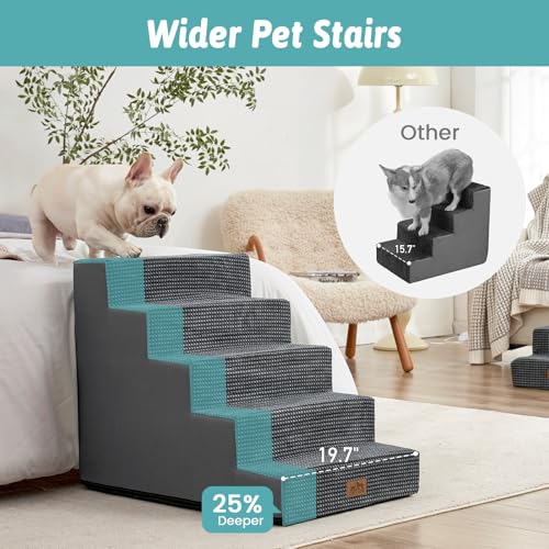 Image of COZY KISS Dog Stairs for Small Dogs 5-Step, 19.7 inch Extra Wide Right-Angle Pet Stairs for Couch and Beds, Anti-Slip Dog Steps for Old Cats and Lowrider, 19.7x29.5x23.6 inch, Dark Grey