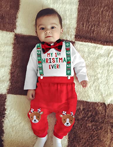 KANGKANG Baby Boy Christmas Outfit My First Christmas Ever Gentleman White Rompers + Suspender Pants 2Pcs Christmas Set2