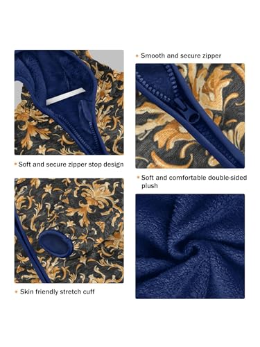 Vintage Gold Floral Girls Fleece Jacket Girls Fall Jacket Boys Coats Zip Up Hoodie Children Sherpa Warm Outerwear 2-10T3