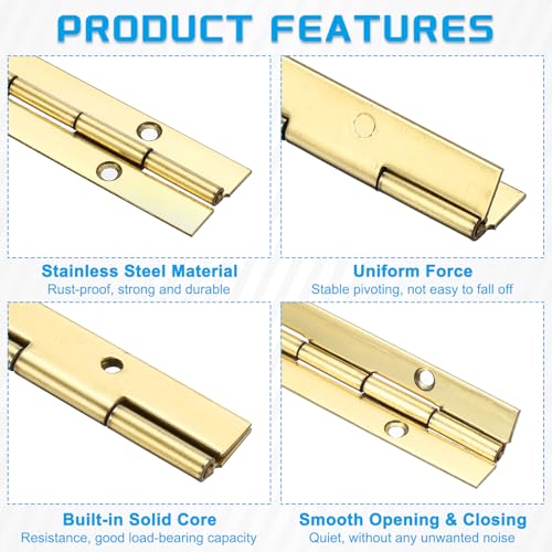 uxcell 2 Pack Piano Hinge, 12" Stainless Steel Continuous & Piano Hinges 1.2" Open Width 0.06'' Thick Heavy Duty Piano Hinges with Screws for Piano, Cabinets, Doors, Gold by uxcell - Image 3