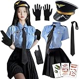 [COZENRE] ポリス コスプレ ハロウィン コスプレ 9点セット 仮装 警察官 トップス、プリーツスカート、ネクタイ コスチューム 衣装 婦警 婦人警官 パーティー 仮装 cosplay ハロウィン レディース 色：ブルー