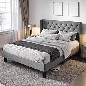 Allewie Queen Size Bed Frame with Button Tufted Wingback Headboard, Modern Upholstered Bed Frame with Solid Wooden Slats Support – No Box Spring Needed, Easy Assembly, Light Grey