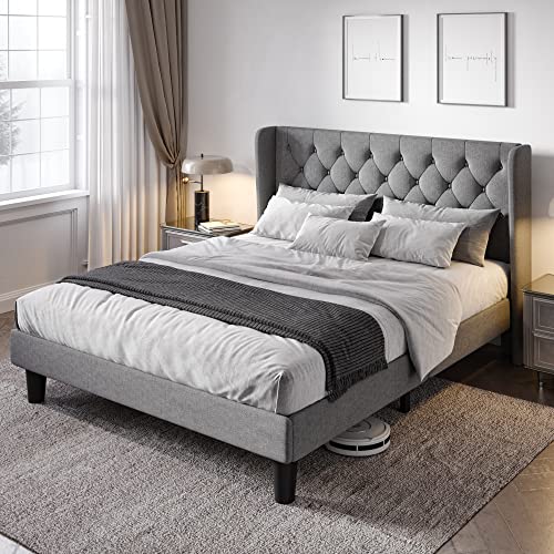 Allewie Queen Size Bed Frame with Button Tufted Wingback Headboard, Modern Upholstered Bed Frame with Solid Wooden Slats Support – No Box Spring Needed, Easy Assembly, Light Grey