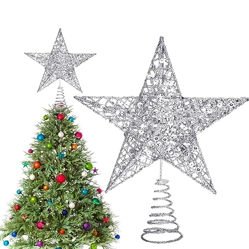 Punta di Albero di Natale in Metallo, Punta di Albero in Metallo a Forma di Stella, Punta di Albero Glitterata, Lampada per Corona di Albero, Decorazione Natalizia, 20 cm, Argento