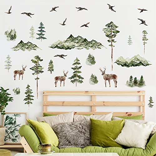 Mountain Wall Decals Peel And Stick Tree Mountain Wall Stickers Woodland Animal Wall Stickers Watercolor Green Pine Tree Wall Decals Tree Deer Forest Animal Wall Decals For Nursery Bedroom Decor #TOP3