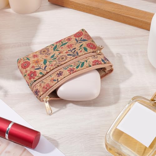 Image of GORGECRAFT 3.3x4.5 Cork Cosmetic Bag, Floral Vegan Multi-Use Zipper Pouch | Multi-Use Zipper Pouch for Coins, Credit Cards, Makeup, Natural Mini Purse Insert, Sustainable Gift Accessory