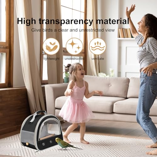Image of Bird Carrier, Portable Small Bird Parrot Parakeet Carrier with Standing Perch and Stainless Steel Tray, Side Access Window Collapsible (Black, Horizontal Perch)