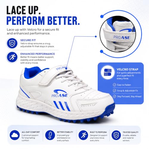 Image of Pro ASE Lightweight Cricket Shoes - Durable & Comfortable | Ideal for Turf, Ground & Hard Surfaces | Allrounder Design with Studs, Velcro & Superior Grip | White, Blue, Grey