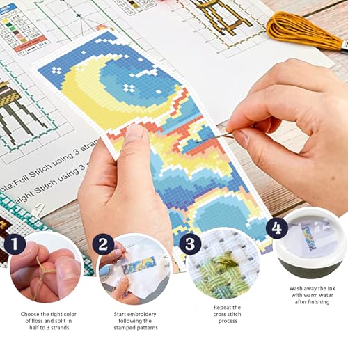 Image of FREEBLOSS 6 Set Cross Stitch Bookmark Kit Stamped Cross Stitch Kit Fantasy Clouds Theme Embroidery Set with Instruction for Adults 8''*2.4''