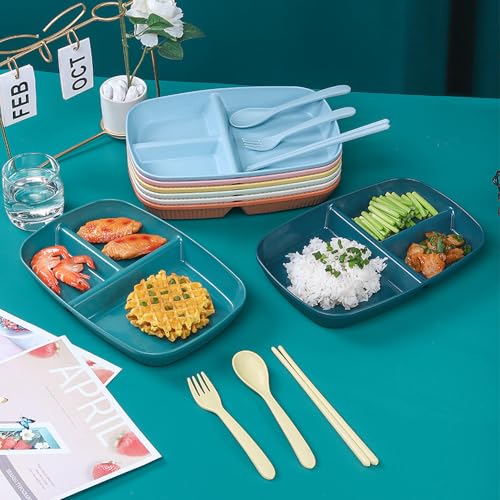 Image of Wheat Straw Plastic Dinnerware Unbreakable Dinner Plates for Dessert, Pasta, Cereal, Camping Dishes for Daily Use Microwave & Dishwasher Safe Dinnerware Sets Tray (Nordic Blue, Pack of 4)