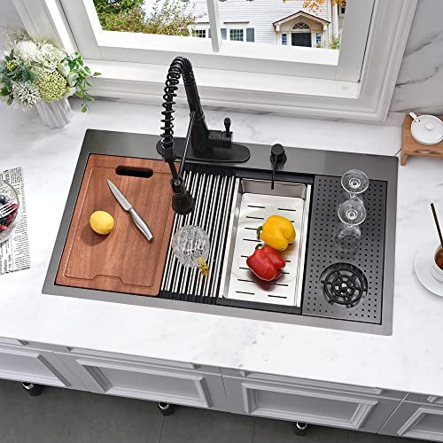 33 Inch Black Drop In Kitchen Sink With Glass Rinser-Bokaiya 33X19 Kitchen Sink Drop In Black Stainless Steel Topmount Sink 16 Gauge Deep Single Bowl Kitchen Sink With Cutting Board #TOP1