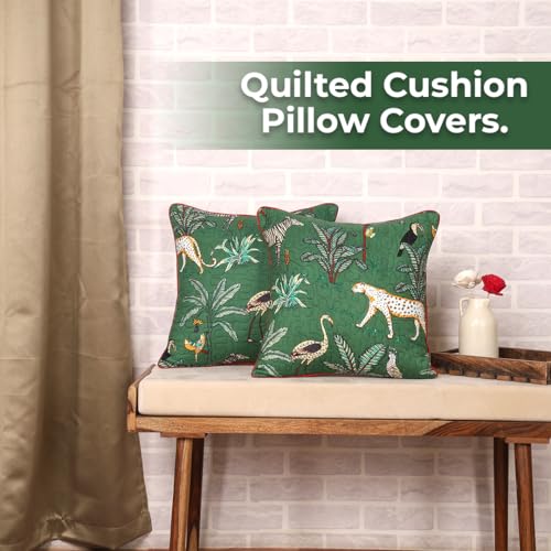 Image of Green Forest Animal Print Quilted Cushion Covers - Pack of 2, 24x24 Inch / 60x60 cm Large Square Throw Pillow Covers for Sofa, Bed & Home Decor