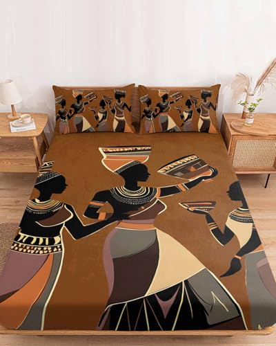 Queen Fitted Sheet Deep Pocket Bed Sheets with Elastic,African Black Woman Ethnic Clothing Soft Brushed Microfiber Hotel Luxury Bed Sheet Set,Retro Back Decorative Mattress Cover with 2 Pillowcases