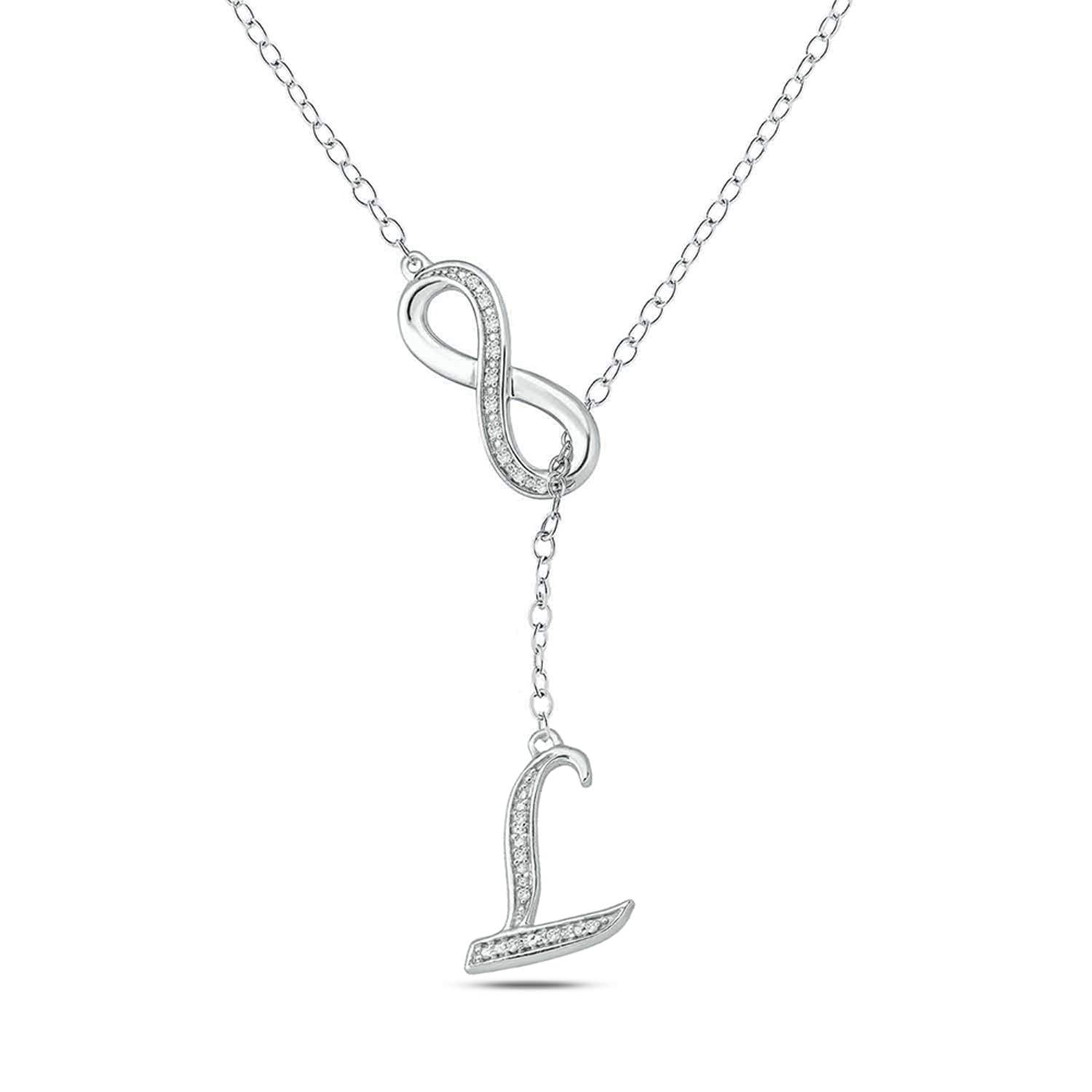 'Diamond Infinity Lariat Necklace for Women in 925 Sterling Silver, Women's Silver Alphabet Pendant Necklace with Diamond Accents Available in Letters A To Z, 20'' Cable Chain'