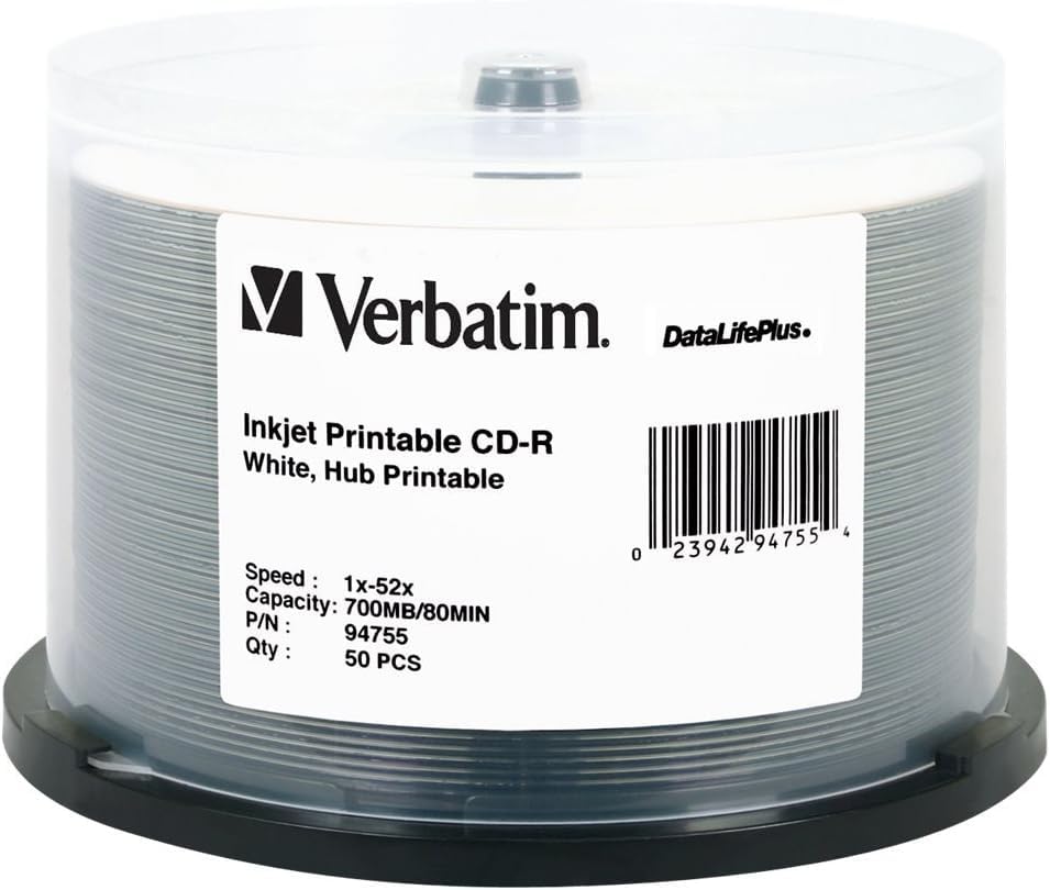 Image of Verbatim CD-R 700MB 52X DataLifePlus White Inkjet Printable, Hub Printable - 50 Disc Spindle - 94755 (Pack of 5)