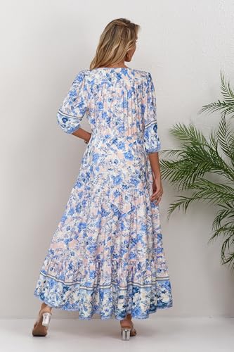 Image of Women Short Sleeve V Neck Floral Print Casual Bohemian Maxi Dresses