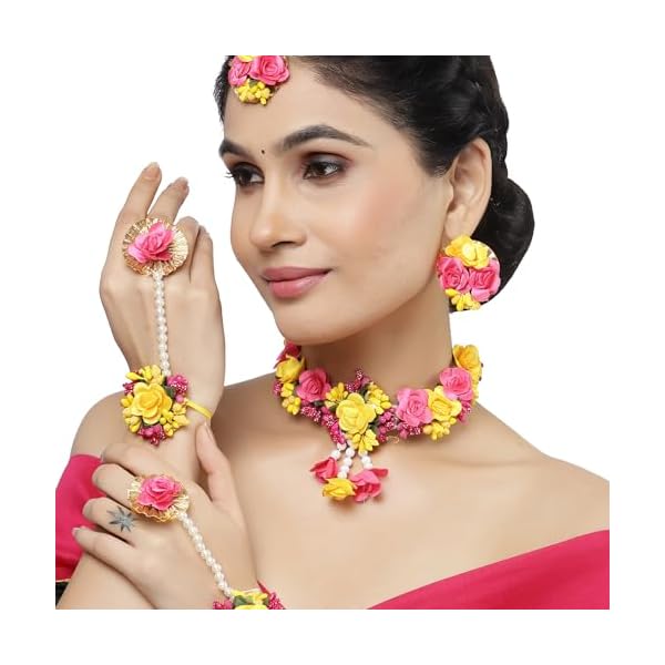 ZENEME White Pearl Beaded Gota Patti Floral Beaded Haldi & Mehendi Necklace With Earrings, Maang Tikka & Bracelet Jewellery Set For Girls and Women - Image 5
