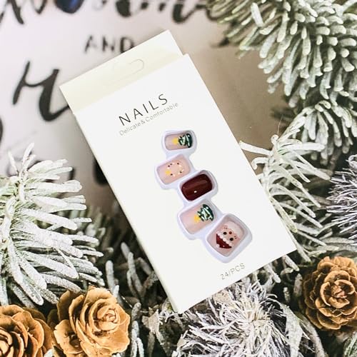 Uñas postizas cuadradas cortas con diseño navideño de Santa Claus y árbol de Navidad rojos y verdes, 24 piezas, brillo francés full cover miniatura 5