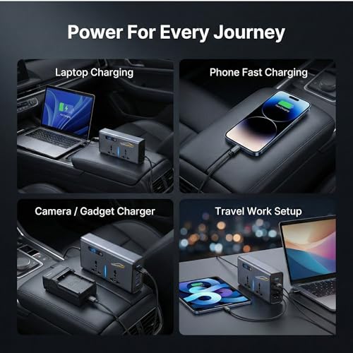Image of YOURKARTS.COM 200W Car Power Inverter 12V to 220V DC to AC Converter with 2 USB Ports + 2 Type-C + 2 AC Outlets | Portable Car Charger Adapter for Laptop, Mobile, Travel Use