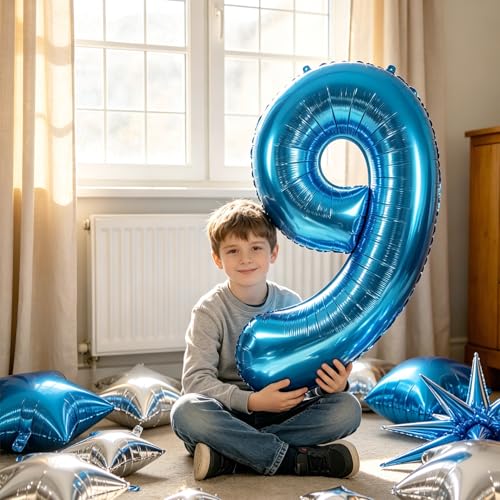Image of TONIFUL 9th Birthday Balloons Kit 40 Inch Blue Large Number 9 Foil Balloon