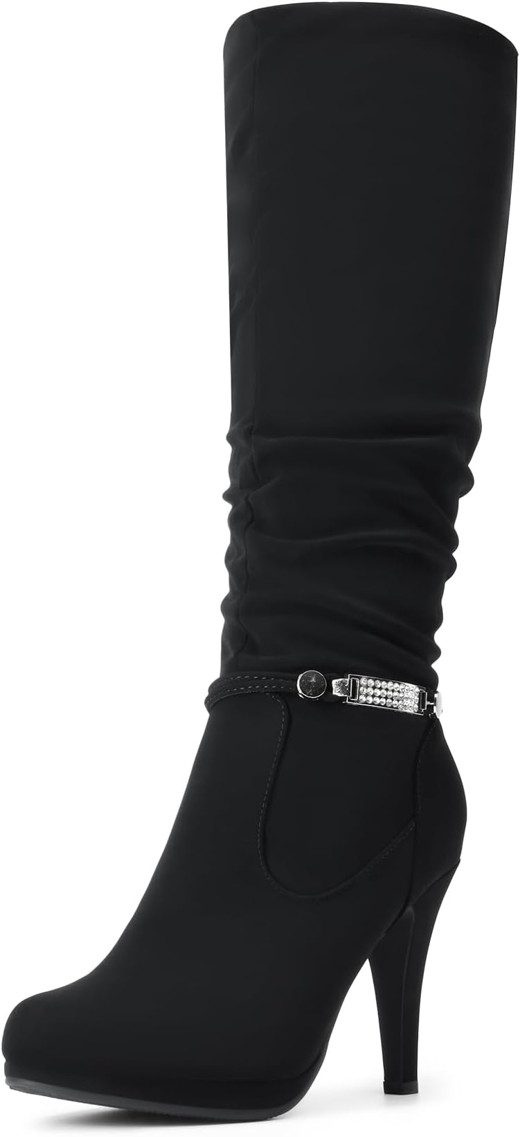 Women's Knee-High Boots, Comfortable Chunky Block Heel Pointed Toe Pull On Side Zipper Suede Slouch Riding Boots