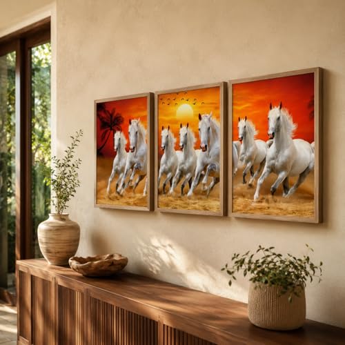 Image of Livin'luxe Set of 3 White Running Horse Sunset Wall Paintings for Living Room Bedroom Home Decor with Premium Wooden Color Synthetic Frame (25.5 x 19.5 Inch) NM03-95
