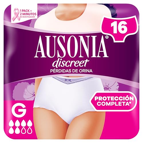 Ausonia Discreet Pants Plus, Ropa Interior para Pérdidas de orina, 16 Braguitas incontinencia mujer. Talla G. Retiene los Olores, la Humedad y Evita Fugas
