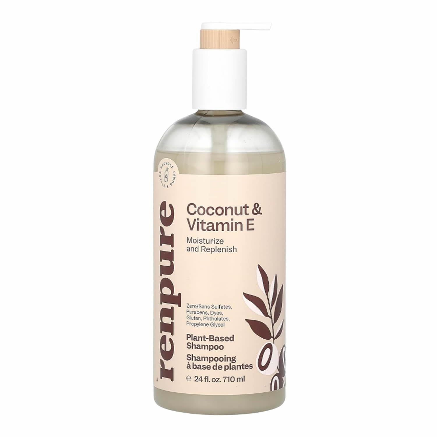Renpure Plant Based Coconut and Vitamin E Moisturize and Replenish Shampoo - Ideal for Lifeless Hair - Leaves Hair Silky and Smooth - Rids Hair of Grime - Recyclable, Pump Bottle Design - 24 fl oz