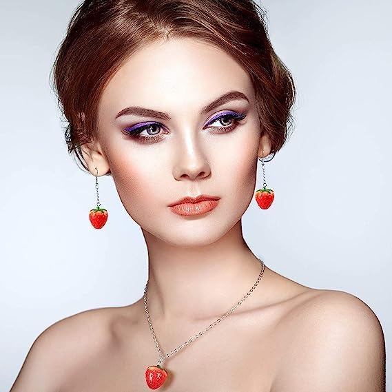 Strawberry Necklace and Earrings Set,3D Simulated Red Strawberry Necklace Strawberry Earrings Sets for Women - Image 5