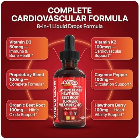Clean Nutra Cayenne Pepper Drops Supplement Liquid + Hawthorn Berry, Vitamin D3 K2 Beet Root Powder, Ceylon Cinnamon, Turmeric Curcumin, Organic Panax Ginseng, Berberine Extract 1 Pack - 3