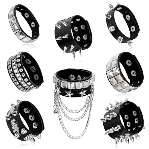 8PCS Spiked Studded Bracelets Cuff for Men Women Black Punk Goth Leather Bracelet Emo Rivet Bracelet Adjustable Rock Pop 80s 90s Retro Button Metal Wrap Wristbands Halloween Accessories